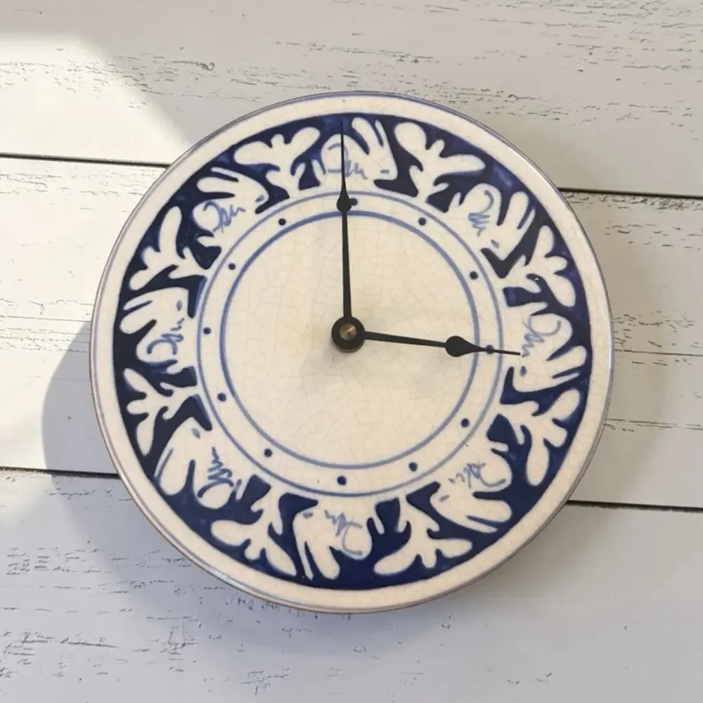 VTG 1988 Nash Pottery Dedham Bunny Clock Plate WORKS Signed NP Blue&White